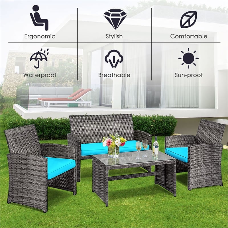 4PCS Patio Rattan Furniture Set Conversation Sofa Cushioned Turquoise