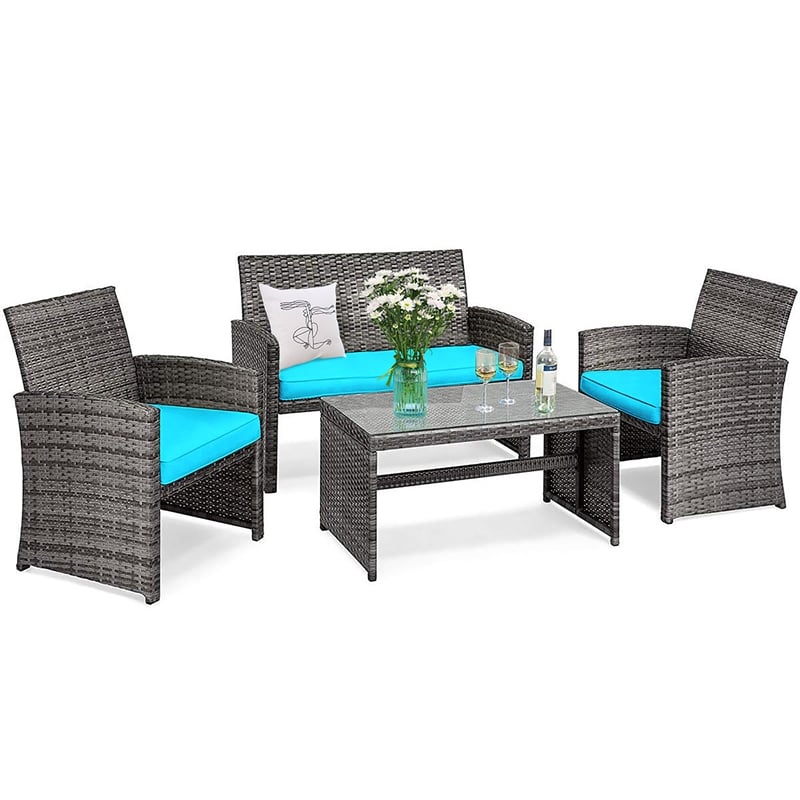 4PCS Patio Rattan Furniture Set Conversation Sofa Cushioned Turquoise