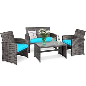 4PCS Patio Rattan Furniture Set Conversation Sofa Cushioned Turquoise