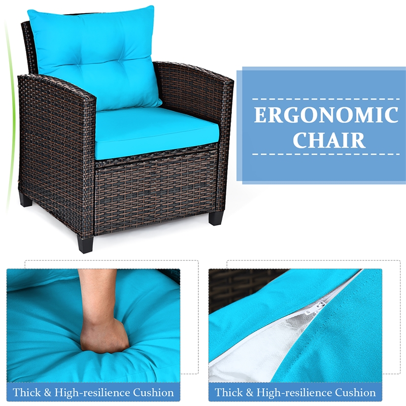 3PCS Patio Rattan Furniture Set Cushioned Conversation Set Sofa Turquoise