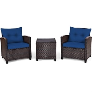 3PCS Patio Rattan Furniture Set Cushioned Conversation Set Sofa Navy