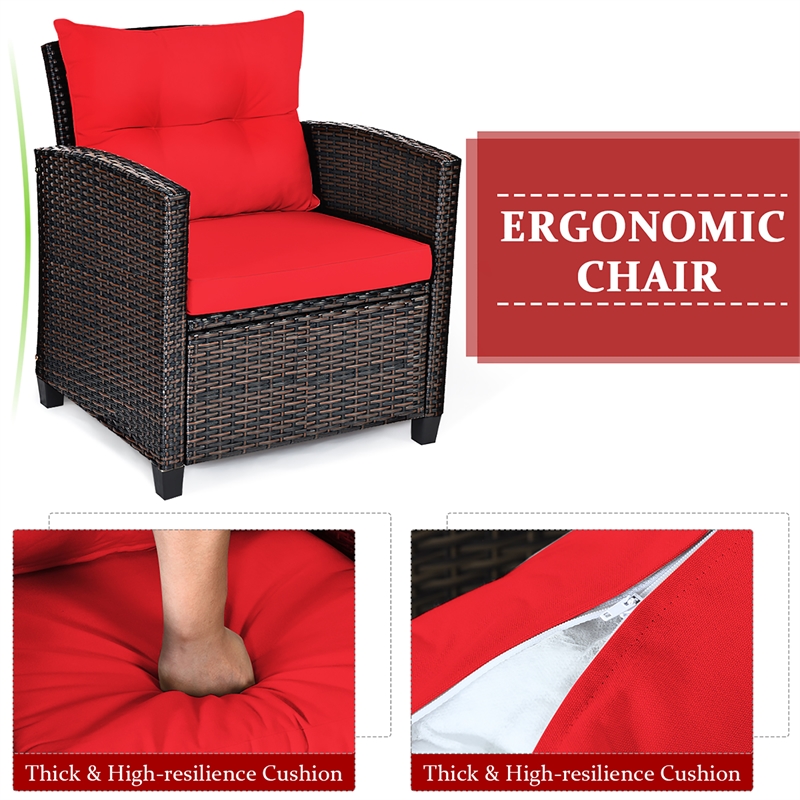 3PCS Patio Rattan Furniture Set Cushioned Conversation Set Sofa Red