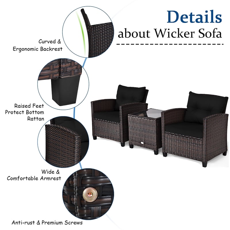 3PCS Patio Rattan Furniture Set Cushioned Conversation Set Sofa Black