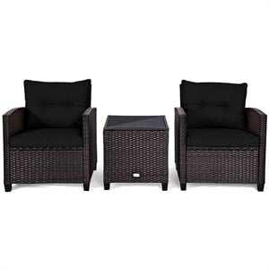 3PCS Patio Rattan Furniture Set Cushioned Conversation Set Sofa Black