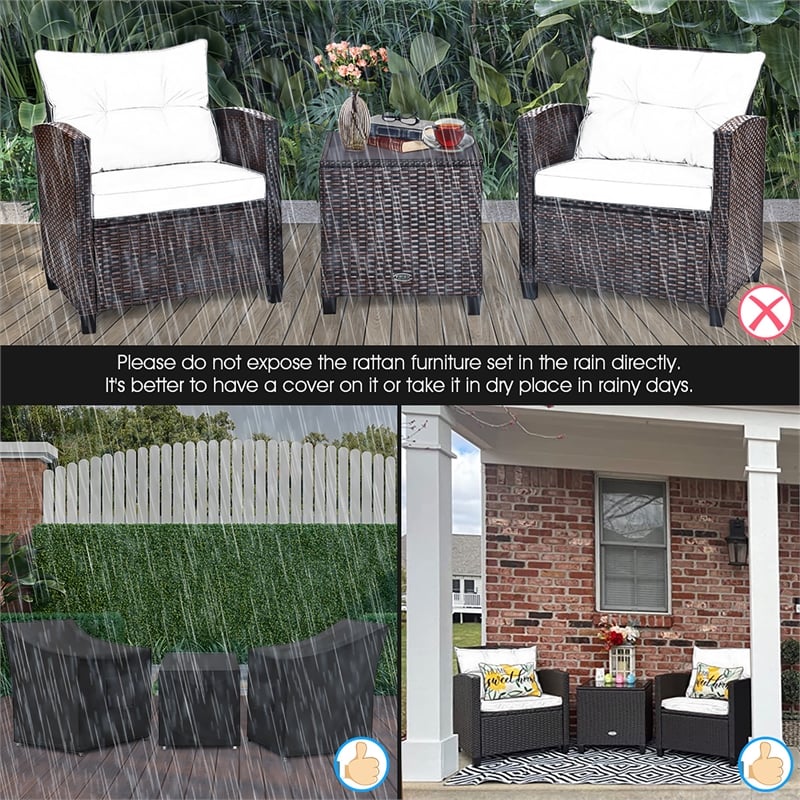 3PCS Patio Rattan Furniture Set Cushioned Conversation Set Sofa Brown