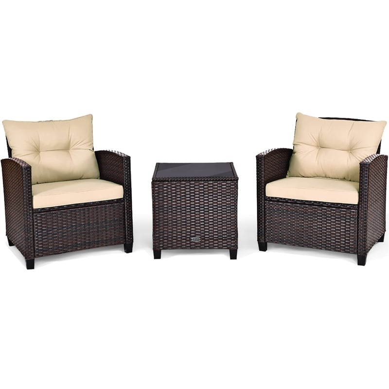 3PCS Patio Rattan Furniture Set Cushioned Conversation Set Sofa Brown