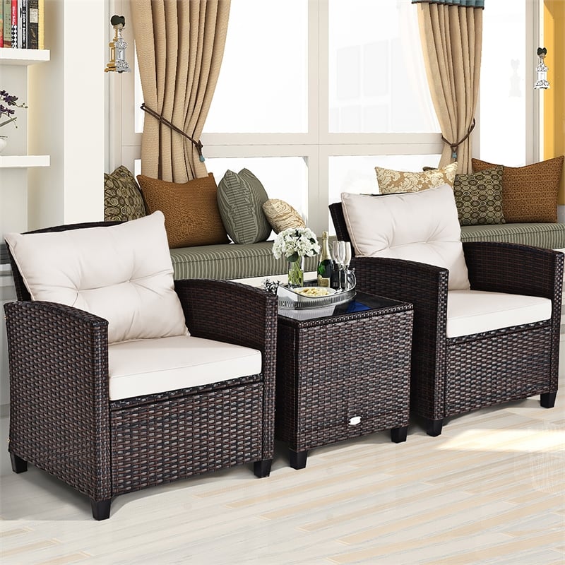 3PCS Patio Rattan Furniture Set Cushioned Conversation Set Sofa White