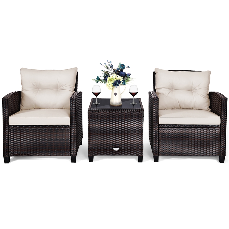 3PCS Patio Rattan Furniture Set Cushioned Conversation Set Sofa White
