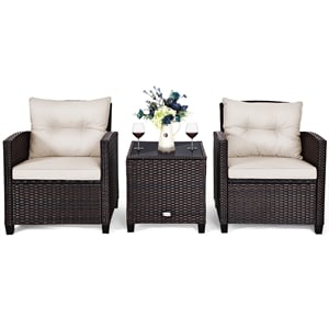 3PCS Patio Rattan Furniture Set Cushioned Conversation Set Sofa White
