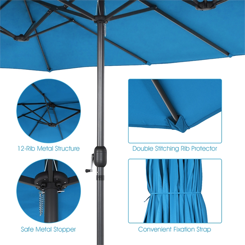 15FT Patio Double Sided Umbrella Crank Garden Blue