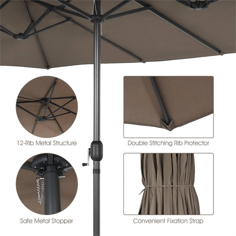 15FT Patio Double Sided Umbrella Crank Garden Brown
