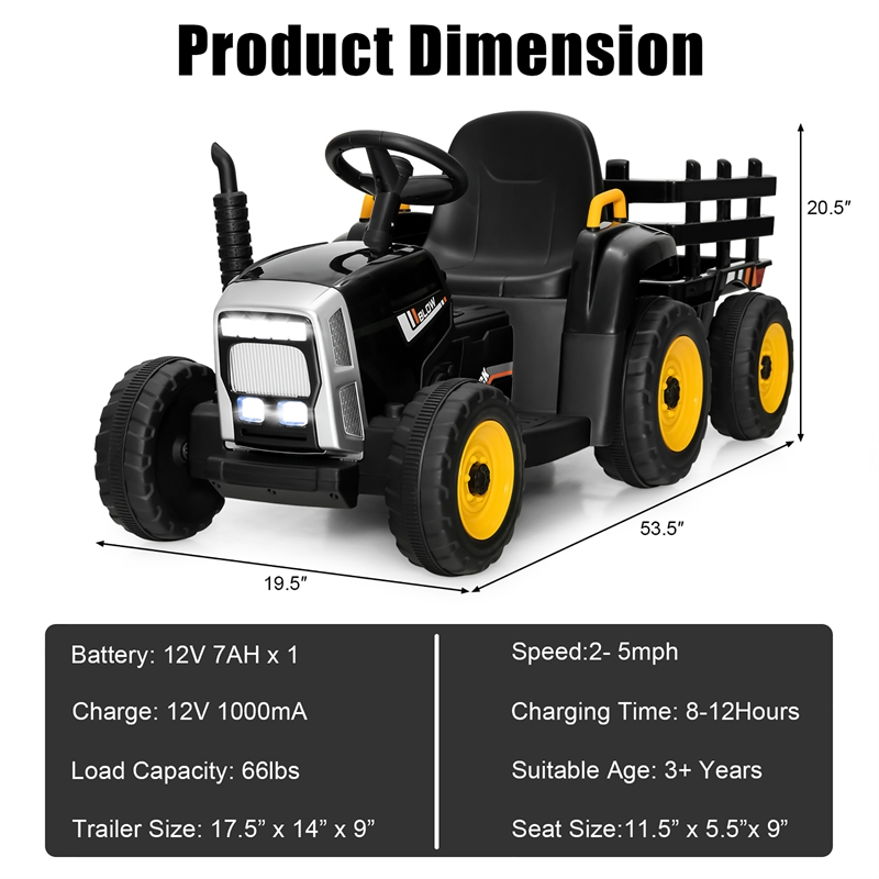 12V Kids Ride On Tractor with Trailer Ground Loader Black
