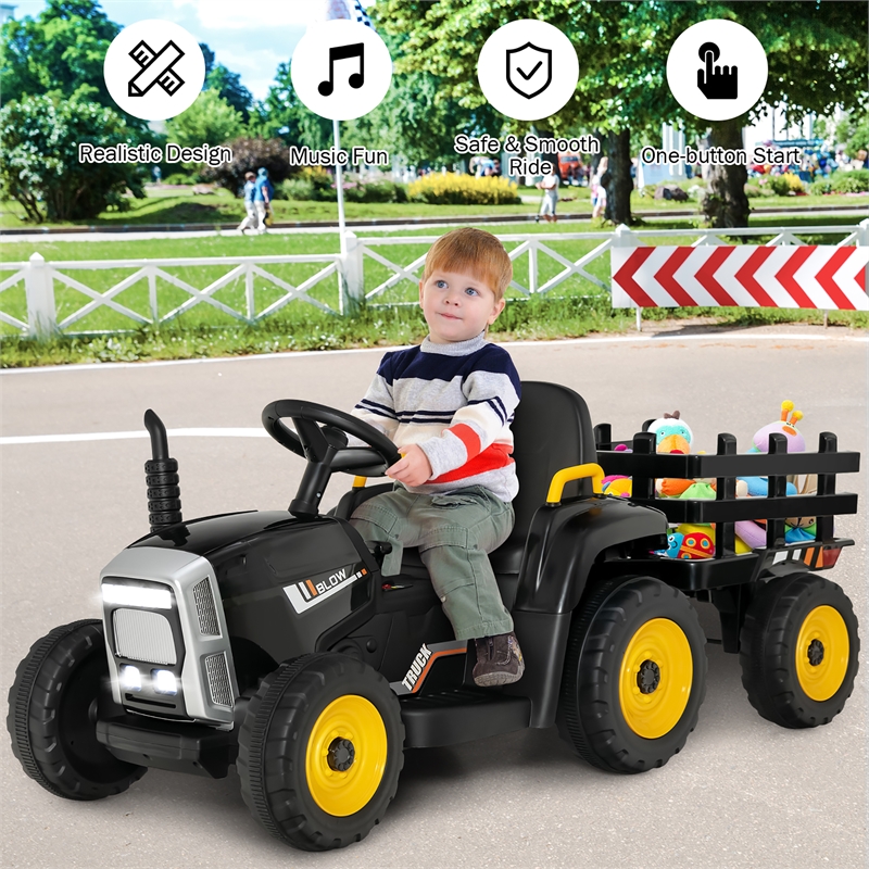 12V Kids Ride On Tractor with Trailer Ground Loader Black