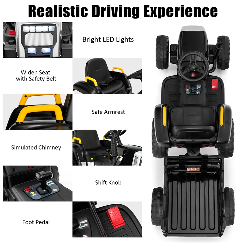 12V Kids Ride On Tractor with Trailer Ground Loader Black