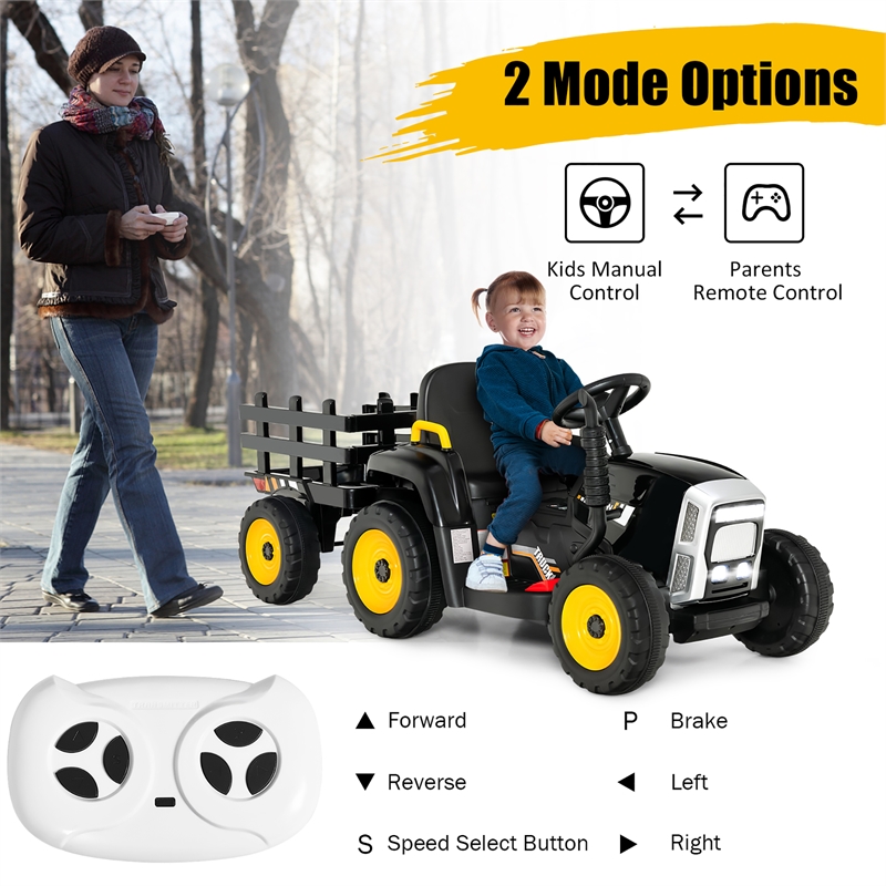 12V Kids Ride On Tractor with Trailer Ground Loader Black