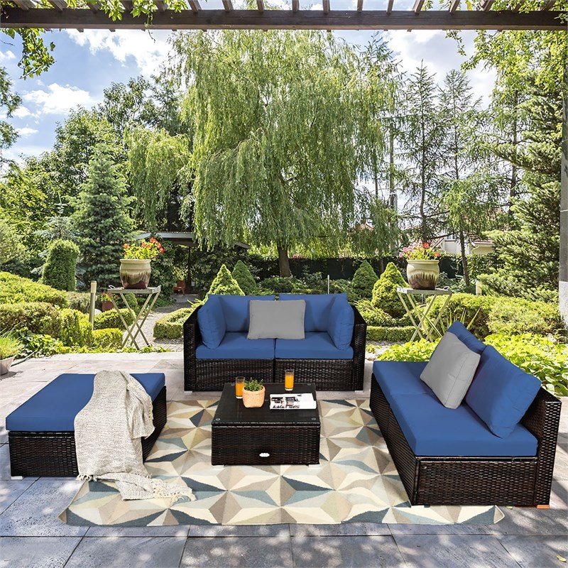 6PCS Outdoor Patio Rattan Furniture Set Sectional Sofa Navy