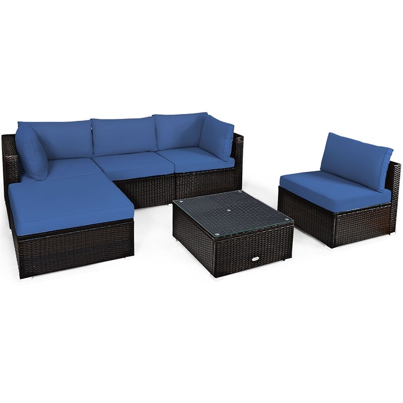 6PCS Outdoor Patio Rattan Furniture Set Sectional Sofa Navy