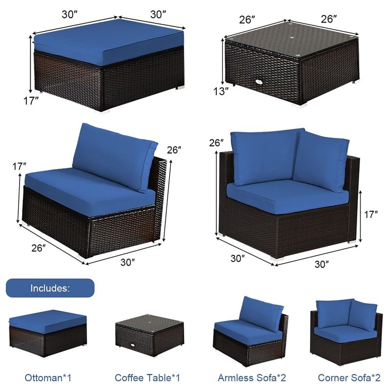 6PCS Outdoor Patio Rattan Furniture Set Sectional Sofa Navy