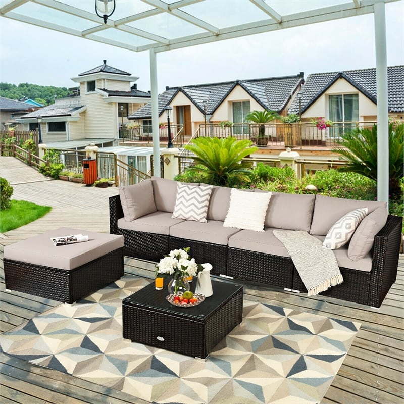 6PCS Outdoor Patio Rattan Furniture Set Sectional Sofa Brown