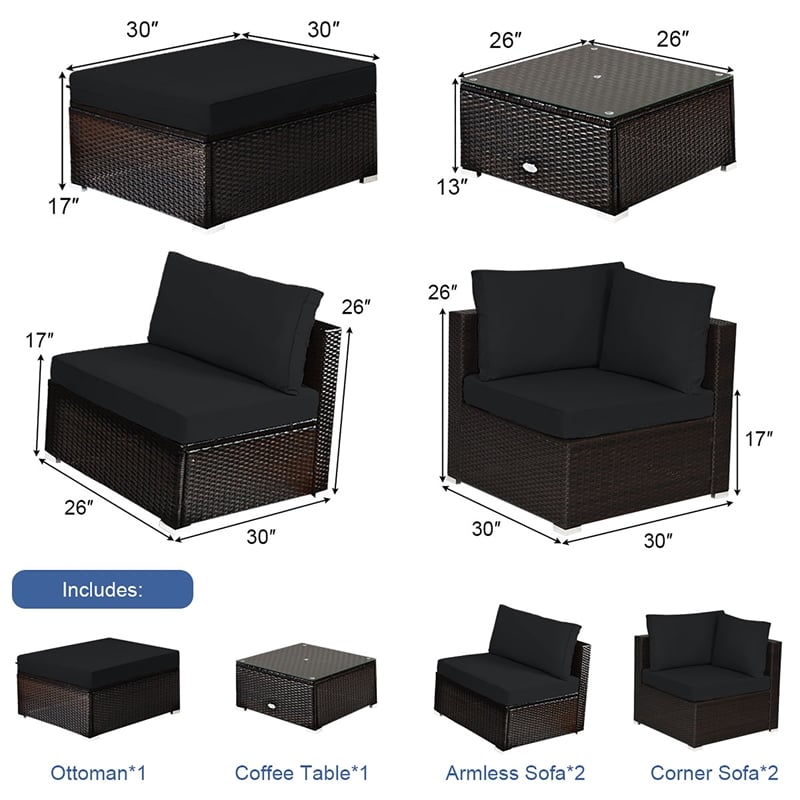 6PCS Outdoor Patio Rattan Furniture Set Sectional Sofa Black