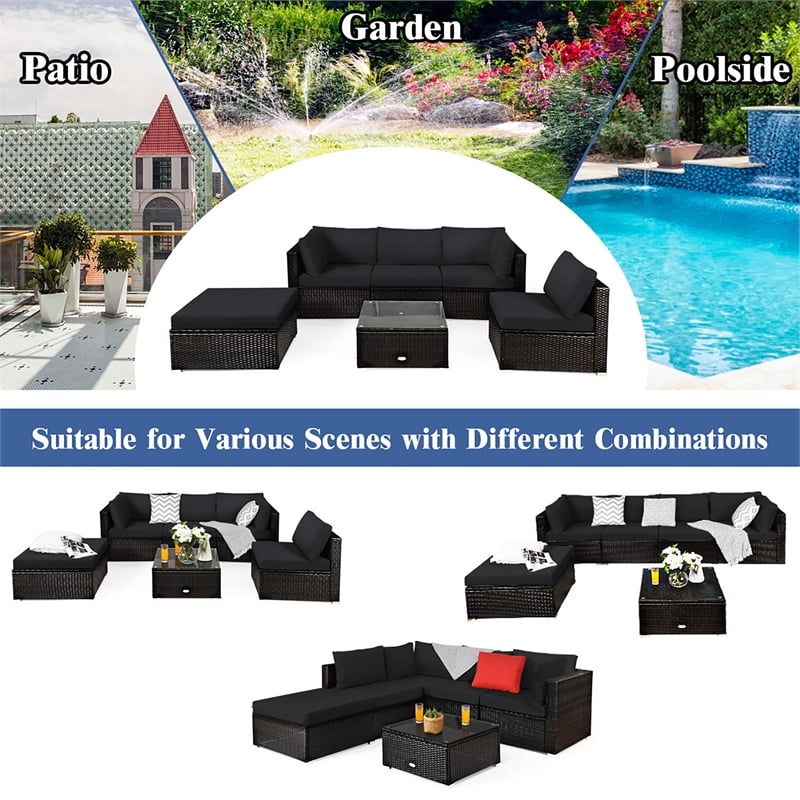 6PCS Outdoor Patio Rattan Furniture Set Sectional Sofa Black