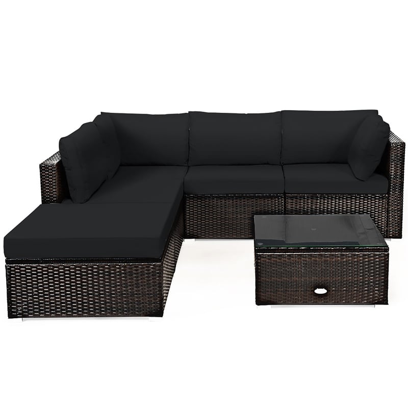 6PCS Outdoor Patio Rattan Furniture Set Sectional Sofa Black