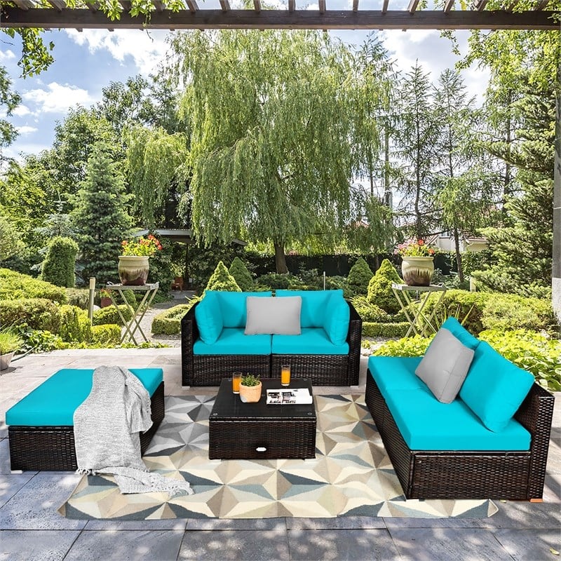 6PCS Outdoor Patio Rattan Furniture Set Sectional Sofa Turquoise