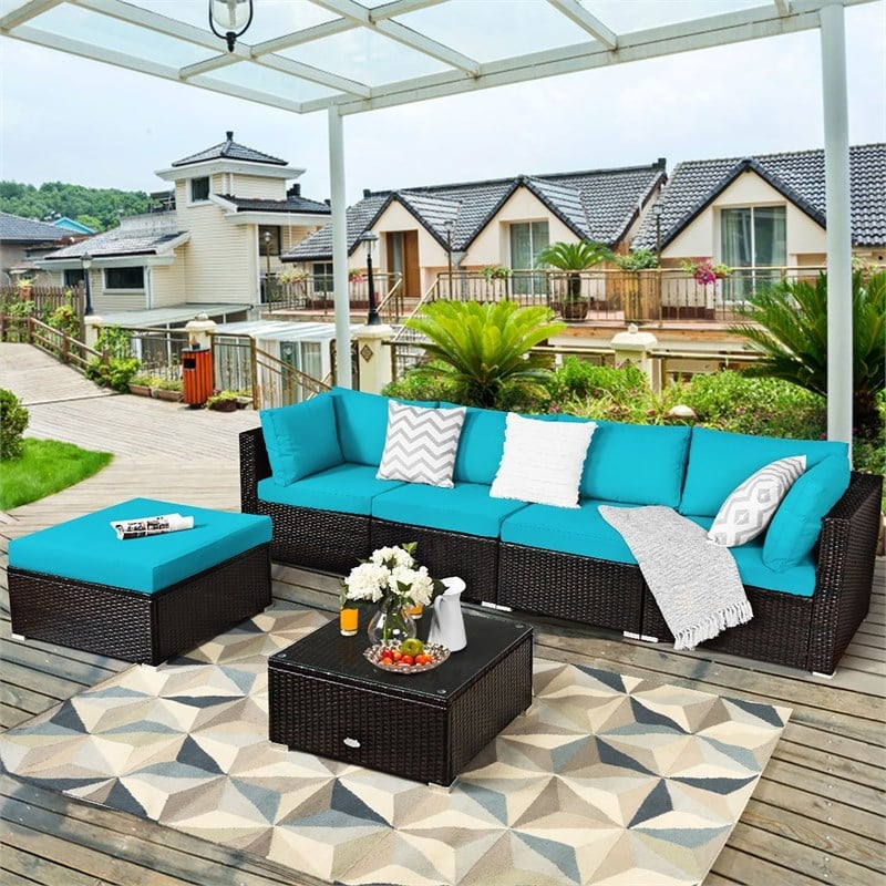 6PCS Outdoor Patio Rattan Furniture Set Sectional Sofa Turquoise