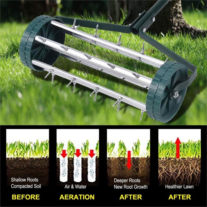 Rolling Garden Lawn Aerator Roller Home Grass Steel Handle Green