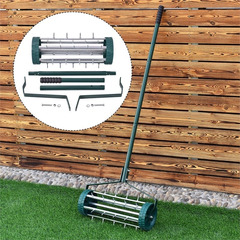 Rolling Garden Lawn Aerator Roller Home Grass Steel Handle Green