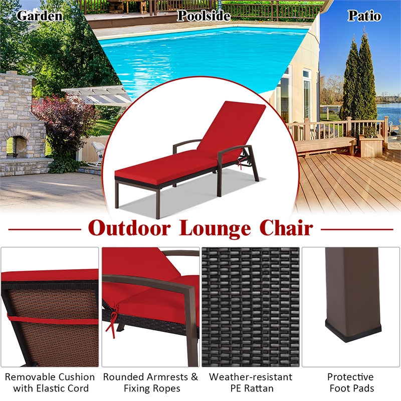 2PCS Patio Rattan Lounge Chair Chaise Recliner Back Red