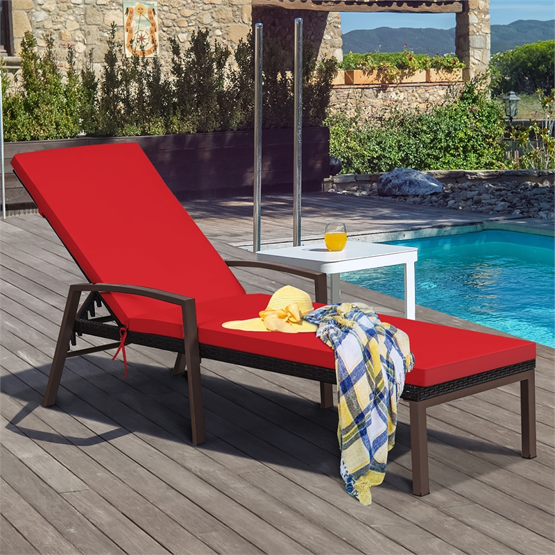 2PCS Patio Rattan Lounge Chair Chaise Recliner Back Red