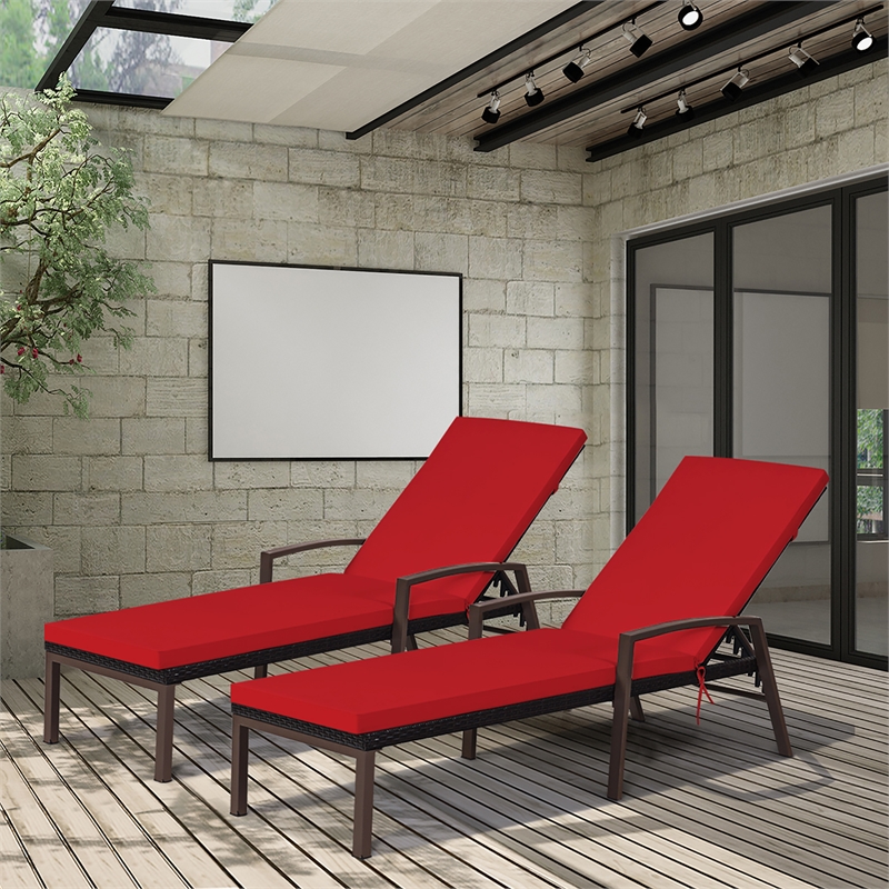 2PCS Patio Rattan Lounge Chair Chaise Recliner Back Red
