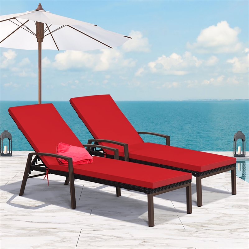 2PCS Patio Rattan Lounge Chair Chaise Recliner Back Red