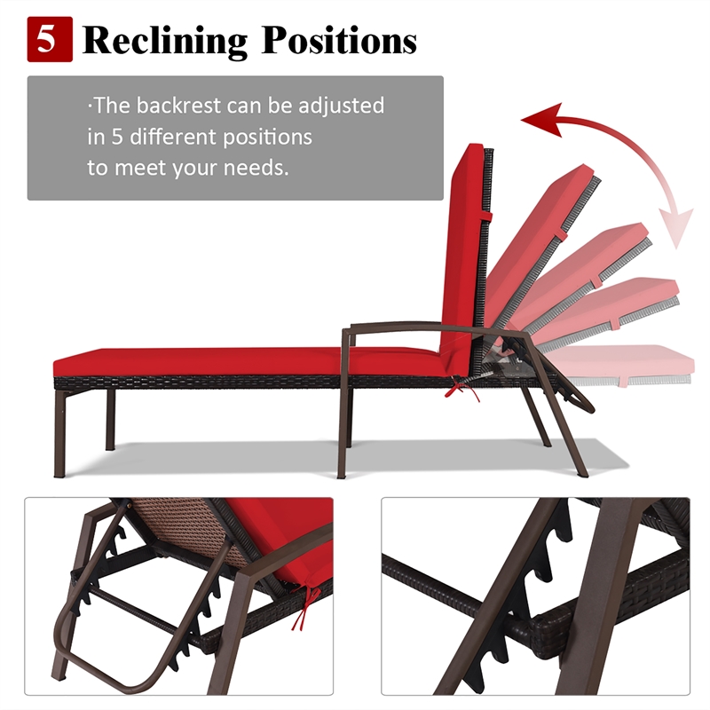 2PCS Patio Rattan Lounge Chair Chaise Recliner Back Red