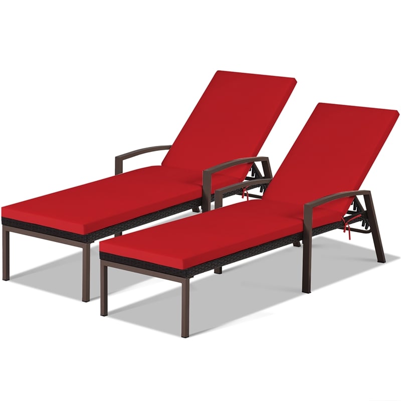 2PCS Patio Rattan Lounge Chair Chaise Recliner Back Red
