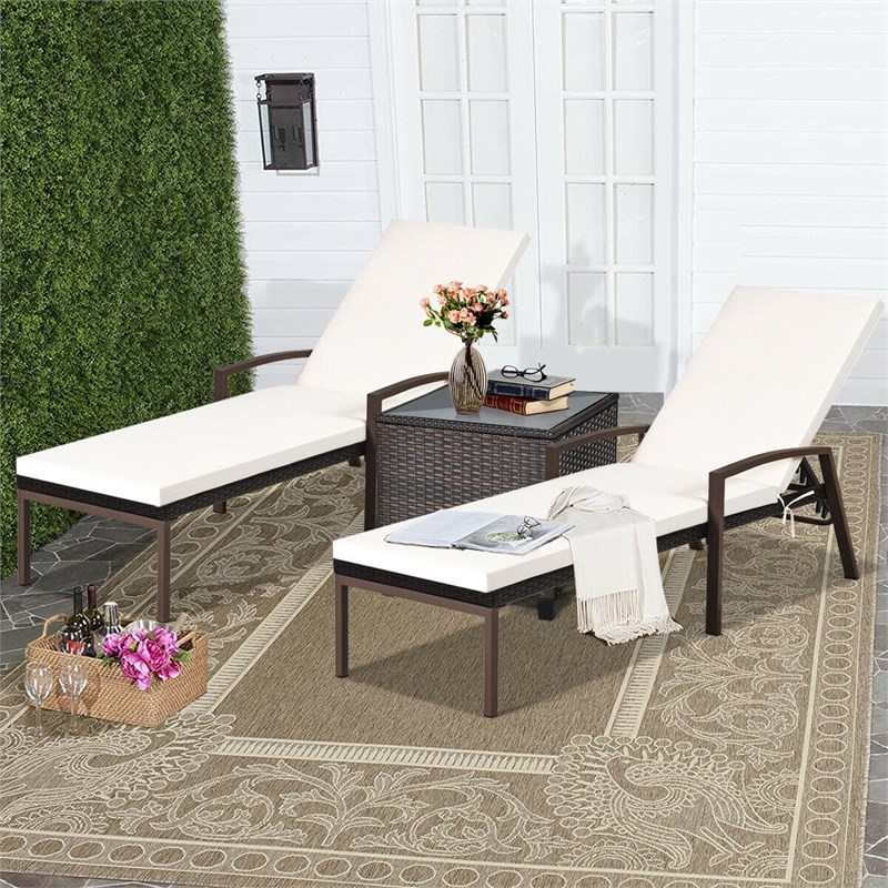 2PCS Patio Rattan Lounge Chair Chaise Recliner Back White