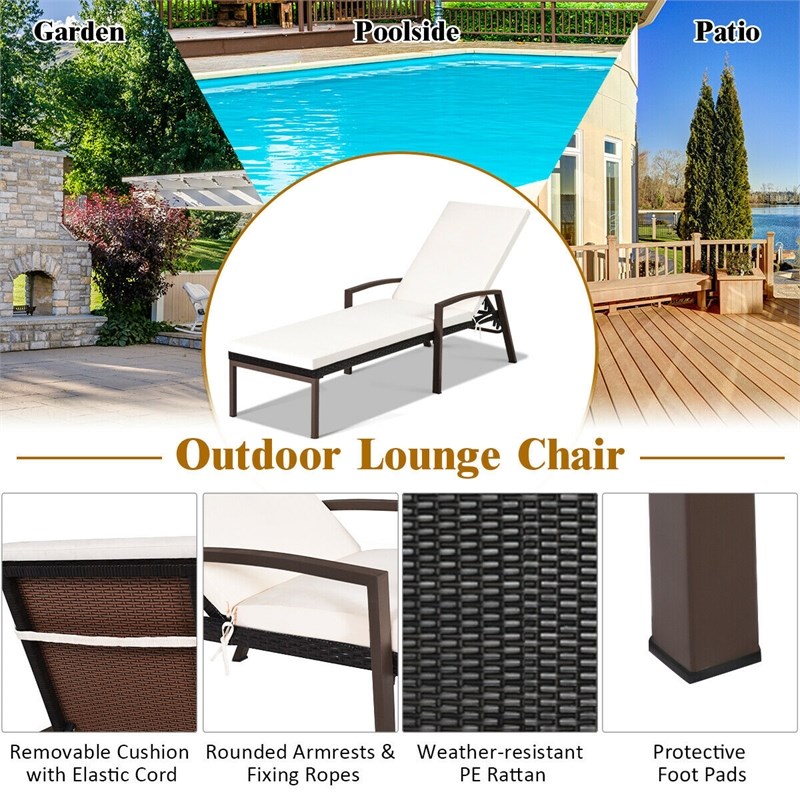 2PCS Patio Rattan Lounge Chair Chaise Recliner Back White
