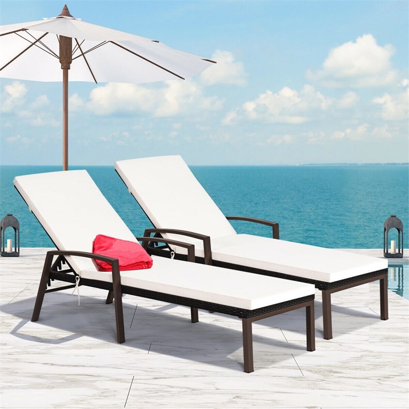 2PCS Patio Rattan Lounge Chair Chaise Recliner Back White
