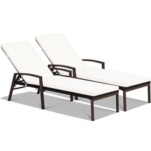 2PCS Patio Rattan Lounge Chair Chaise Recliner Back White