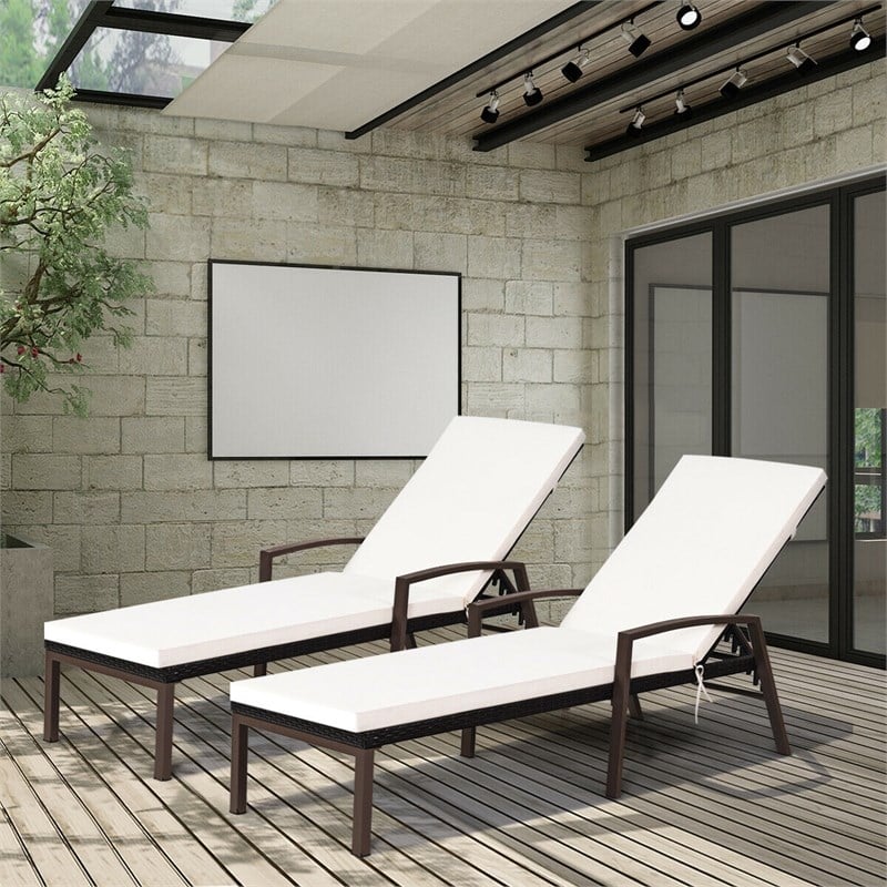 2PCS Patio Rattan Lounge Chair Chaise Recliner Back White