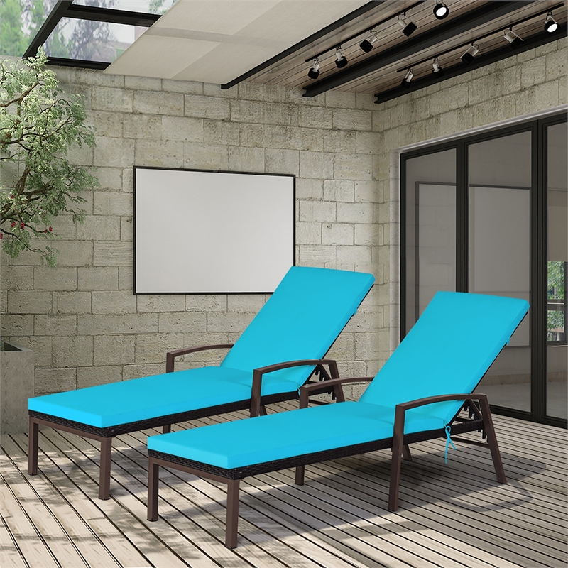 2PCS Patio Rattan Lounge Chair Chaise Recliner Back Turquoise