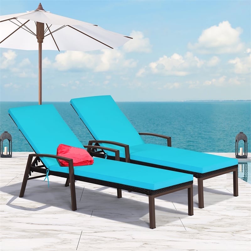 2PCS Patio Rattan Lounge Chair Chaise Recliner Back Turquoise