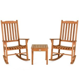 3 pcs eucalyptus rocking chair set w/ coffee table  and 2 wood chairs natural