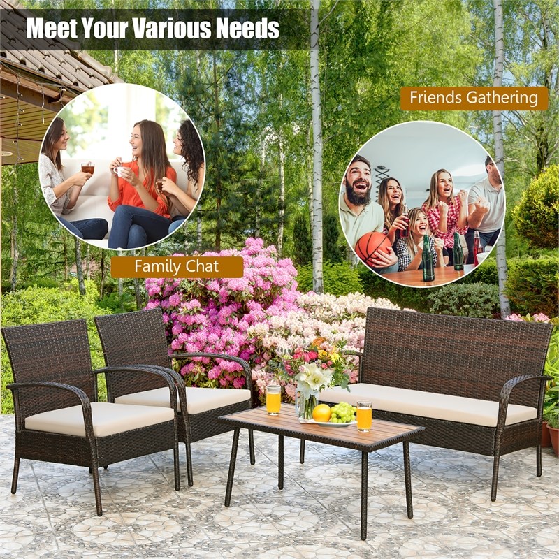 4PCS Patio Rattan Furniture Conversation Set Brown