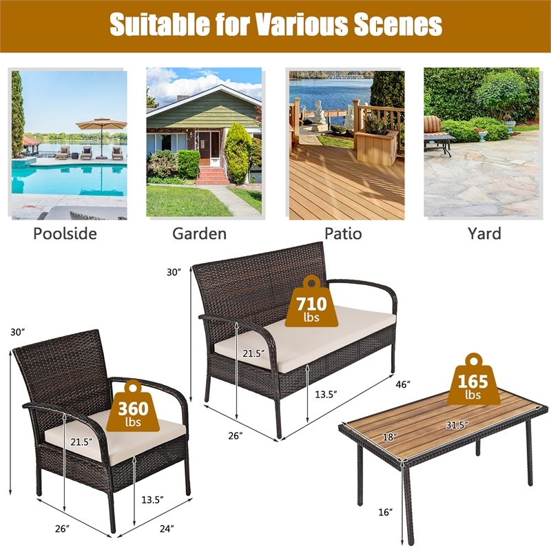 4PCS Patio Rattan Furniture Conversation Set Brown