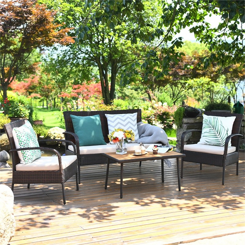 4PCS Patio Rattan Furniture Conversation Set Brown