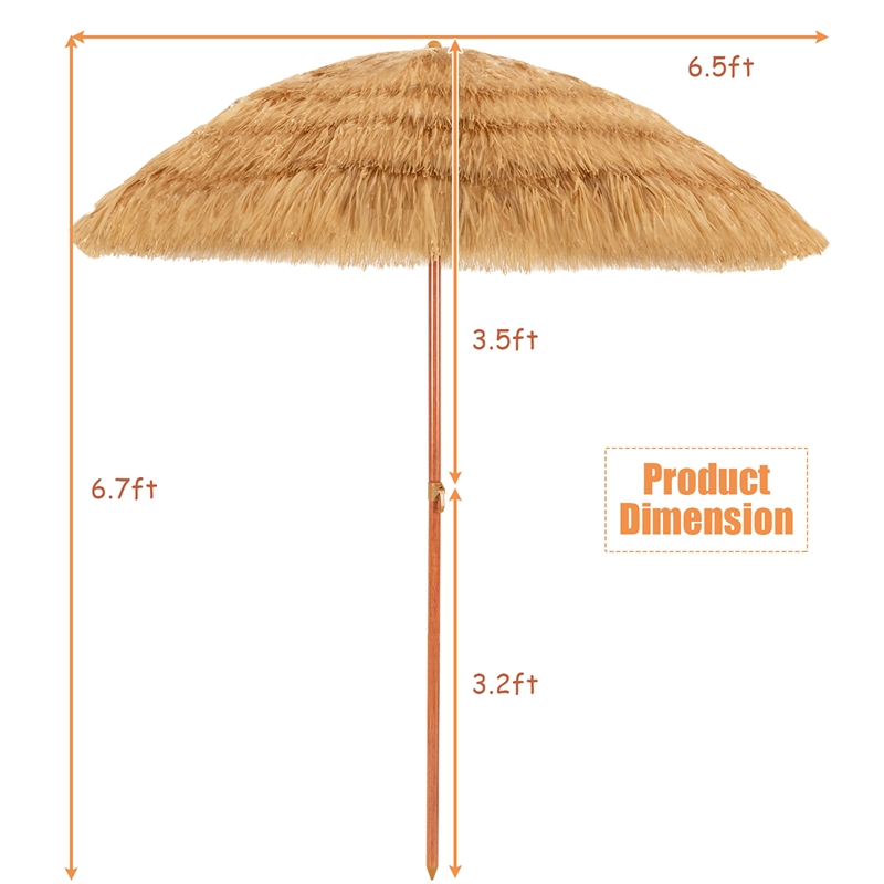 6.5 FT Patio Portable Thatched Beach Umbrella Tilt  Khaki