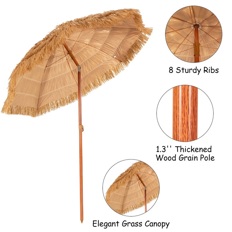 6.5 FT Patio Portable Thatched Beach Umbrella Tilt  Khaki