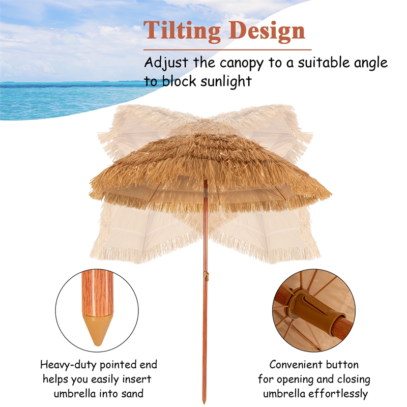 6.5 FT Patio Portable Thatched Beach Umbrella Tilt  Khaki